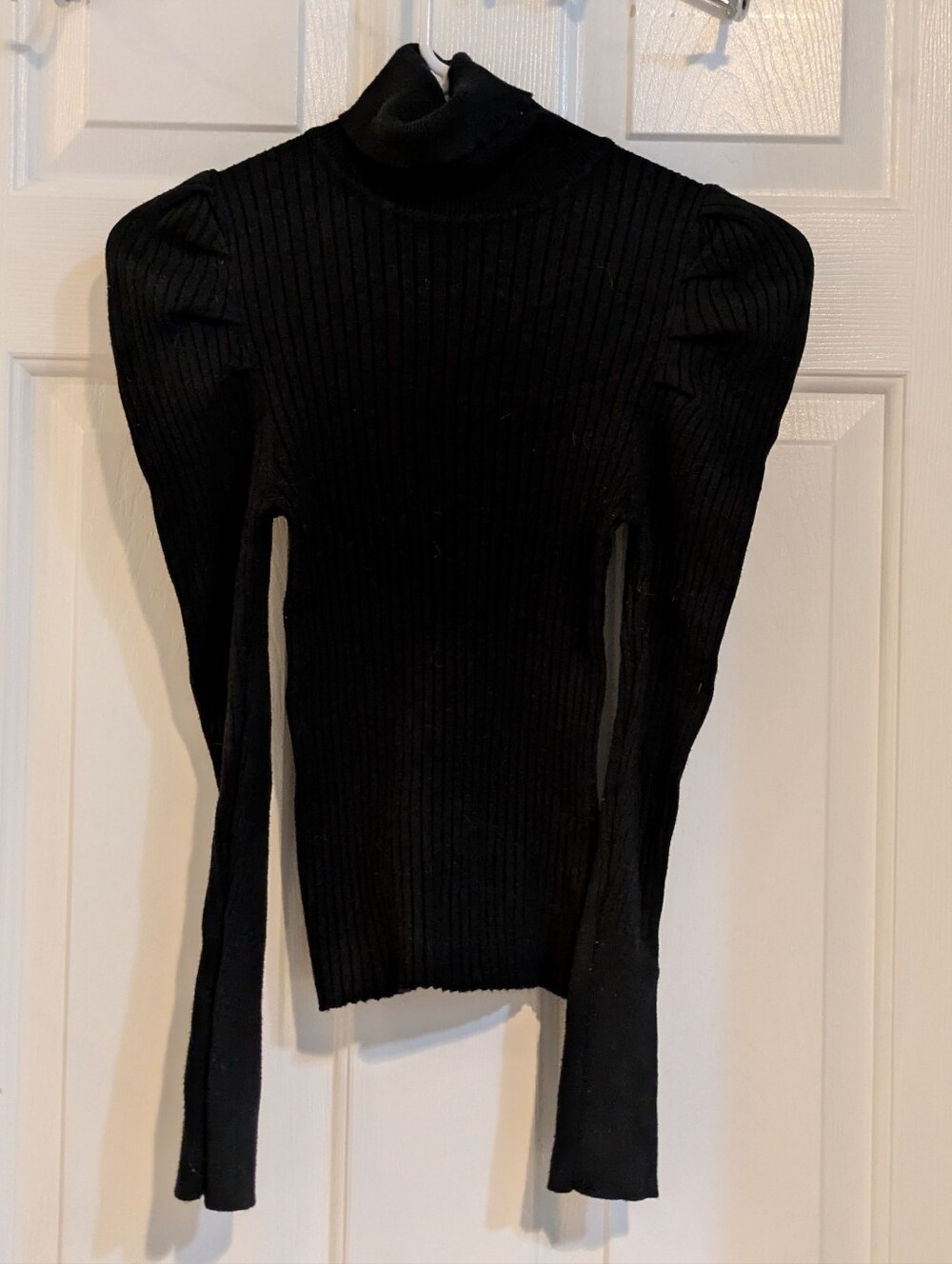 Ambiance Black Ribbed Puff-Sleeve Turtleneck Sweater